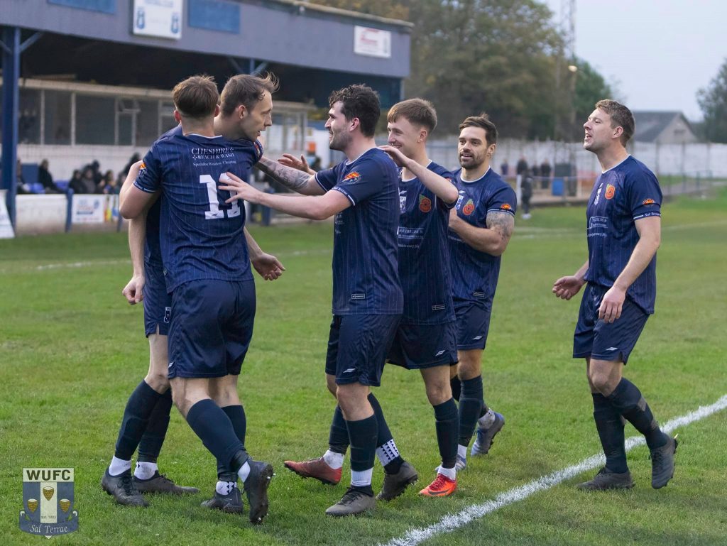 Winsford United players celebrate a goal during their big win over Darwen in the FA Vase